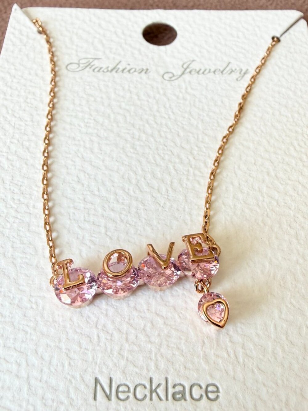 Love Heart Pendant Necklace with Pink Crystals Rosegold